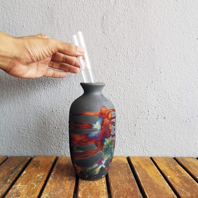 RAAQUU Koban 7 inch Raku Ceramic Clay Pottery Vase with Gift Box Corporate Gift in a Pine Box -Personalized Rustic Boho Handmade Gift in Obvara