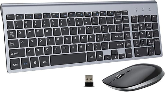FENIFOX Keyboard and Mouse Wireless, USB 2.4GHz Combo Silent Quiet Low Profile Compact Full Size Flat Slim Thin Portable with Number Pad Soft Cover for PC Laptop Computer Office - Black & Grey