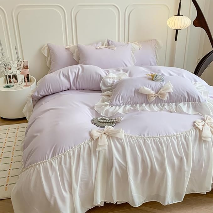 Ruffled Bedding Bow Duvet Cover Set with Butterfly Tie, Soft Brushed Microfiber Shabby Chic Bedding Set with Zipper Closure-Pureple,Full Size