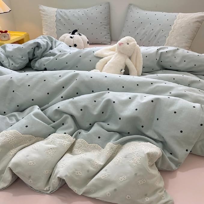 LifeTB Polka Dots Comforter Set King Aesthetic Princess Style Lace Comforter with 2 Pillowcases Fluffy Soft Cute Black Dots Bedding Set Lightweight Romantic Lace Design Reversible Bed Comforter Set