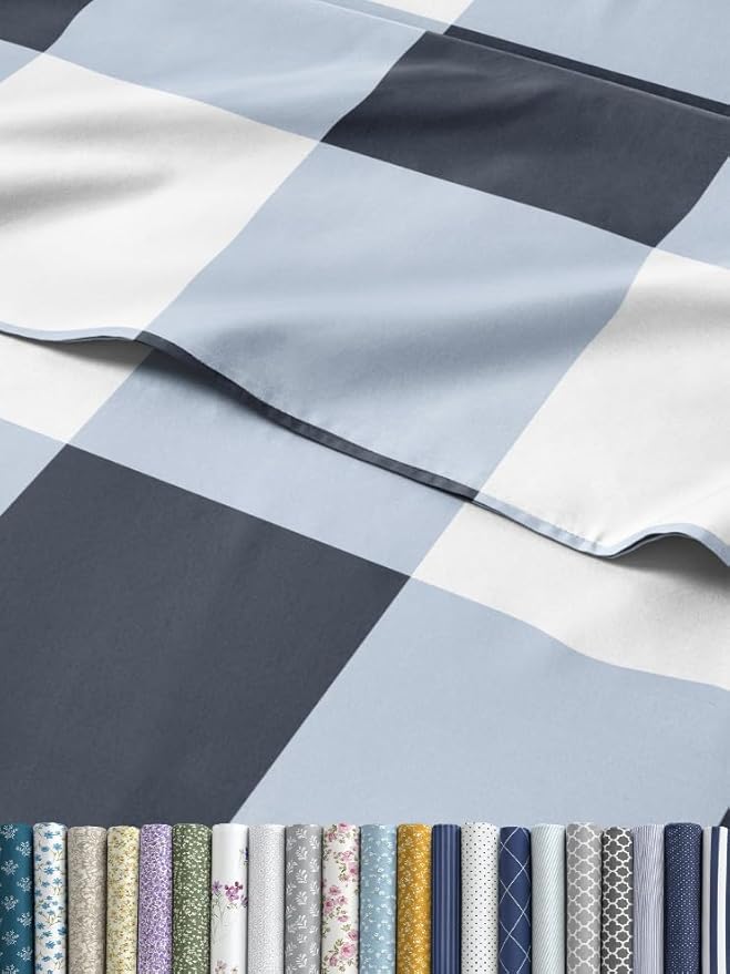Blue Gingham Bed Sheet Set – 1 Flat & 1 Fitted Sheet & 1 Pillowcase w/ Deep Pockets – Grid, Plaid, Checkered Pattern Bedding - Wrinkle & Fade Resistant - Soft, Breathable and Cooling - Twin XL Size