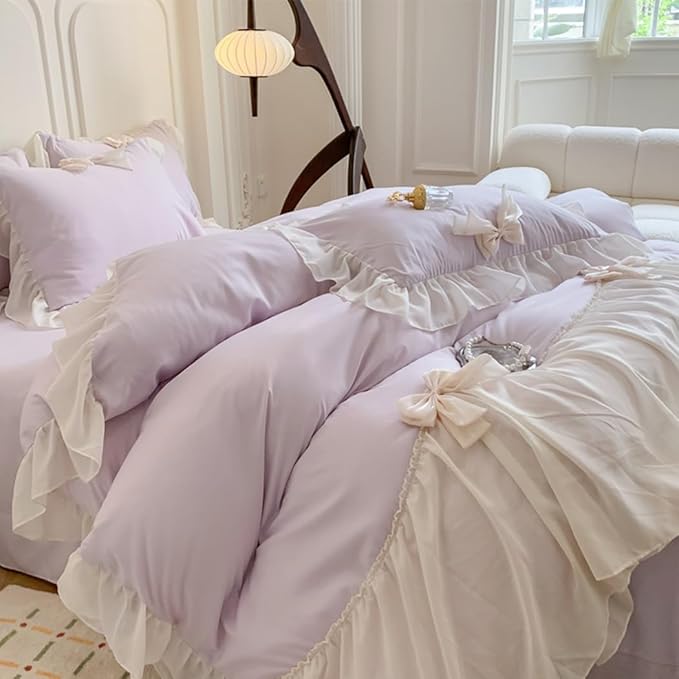 Ruffled Bedding Bow Duvet Cover Set with Butterfly Tie, Soft Brushed Microfiber Shabby Chic Bedding Set with Zipper Closure-Pureple,Full Size