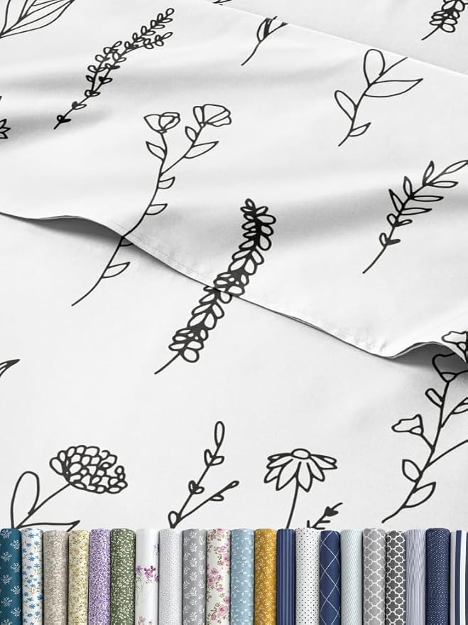 Floral Sheets - Black & White Floral Bed Sheet Set - 1 Flat, 1 Fitted & 2 Pillowcases w/ Deep Pockets - Wrinkle & Fade Free - Boho Botanical Bedding - Ultra-Soft, Breathable & Cooling - King Size Set