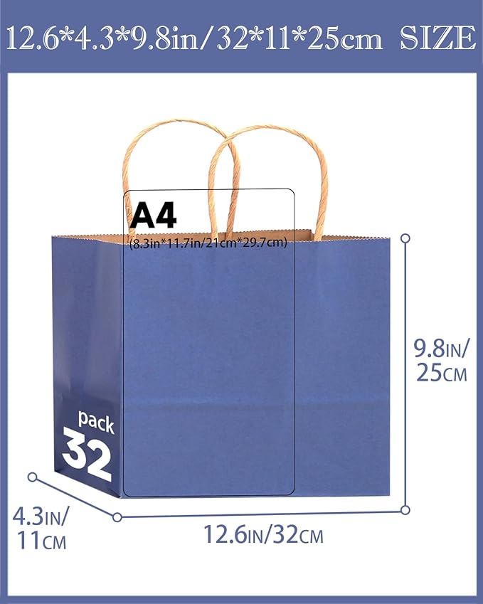 qiqee 13"x4.5"x10" Large Gift Bag with Handles Bulk 32PCS Gift Paper Bags 16 Different Senior Color Bags Multiple Uses (Wide Large)