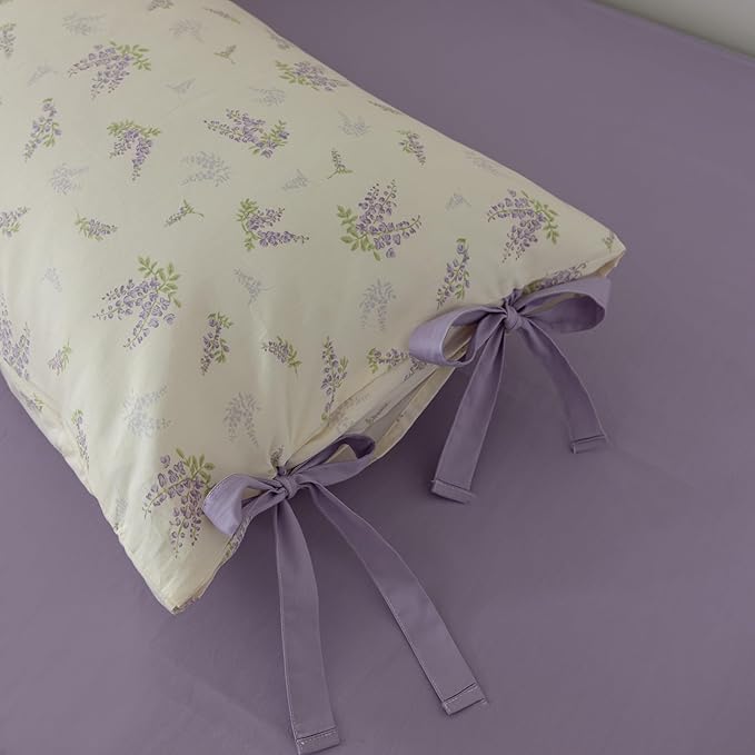 VM VOUGEMARKET King Duvet Cover Set,3 Pieces Purple Floral Duvet Cover with 2 Bow Ties Pillowcases 100% Cotton Lavender Flower Bedding Set-King,104x90 Inch