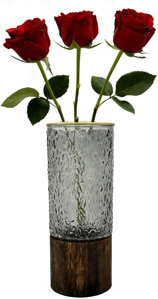 10 Inch Large Artistic Wood Base Glass Cylinder Flower Vase, Ins Modern Boho Water Wave Style for Home Kitchen Fireplace Office Desks, Houses, Garden Decorations
