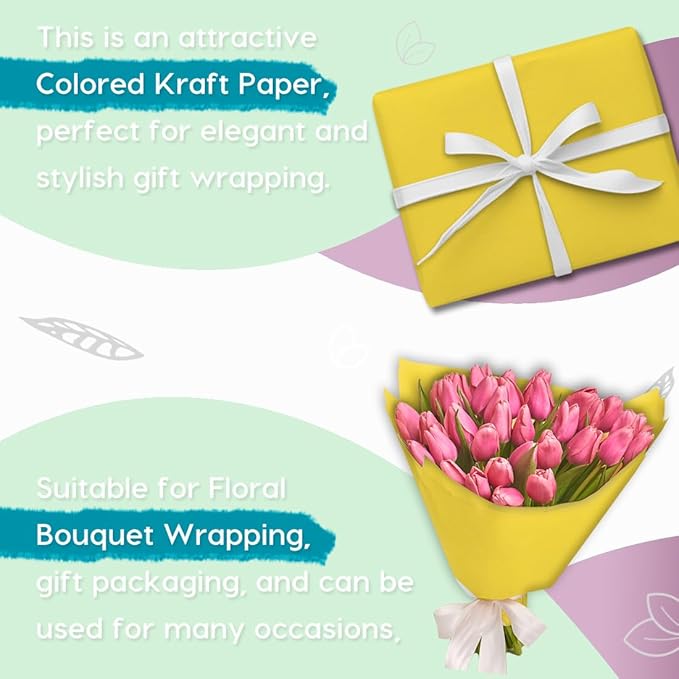 PerkHomy Lemon Yellow Kraft Paper Roll 48" x 1,800" (150') for Gift Wrapping Bouquet Flower Art Painting Craft Writing Packaging Shipping 80GSM 55LB (Lemon Yellow, 48" x 150')