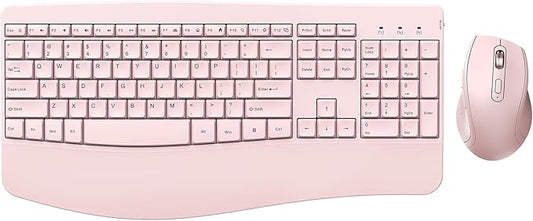 Wireless Keyboard and Mouse - Full Size Ergonomic Keyboard with Palm Wrist Rest Ergonomic Mouse Cordless for Windows Computers Laptops - Light Pink (Upgrade)