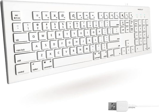 Macally Full Size USB Wired Keyboard for Mac and PC - Plug & Play Wired Computer Keyboard - Compatible Apple Keyboard with 15 Shortcut Keys for Easy Controls & Navigation of Macbook Pro/Air, iMac