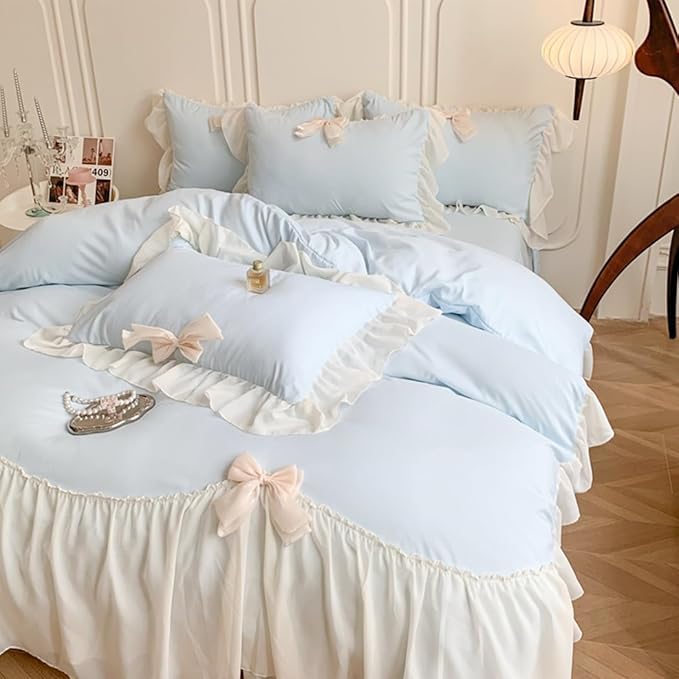 Chic Lace Bedding,Girls Twin Aesthetic Comforter Cover Set,Romantic French Princess Style Ruffled Duvet Cover with Lovely Bow with Zipper Closure-Blue,Twin