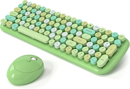 Wireless Keyboard and Mouse Combo, MOWUX - Modern Compact Layout, Colorful Compact Candy Mouse and Retro Round Keyboard Set with Cover, for PC/Laptop/Windows/Mac - Green Colorful