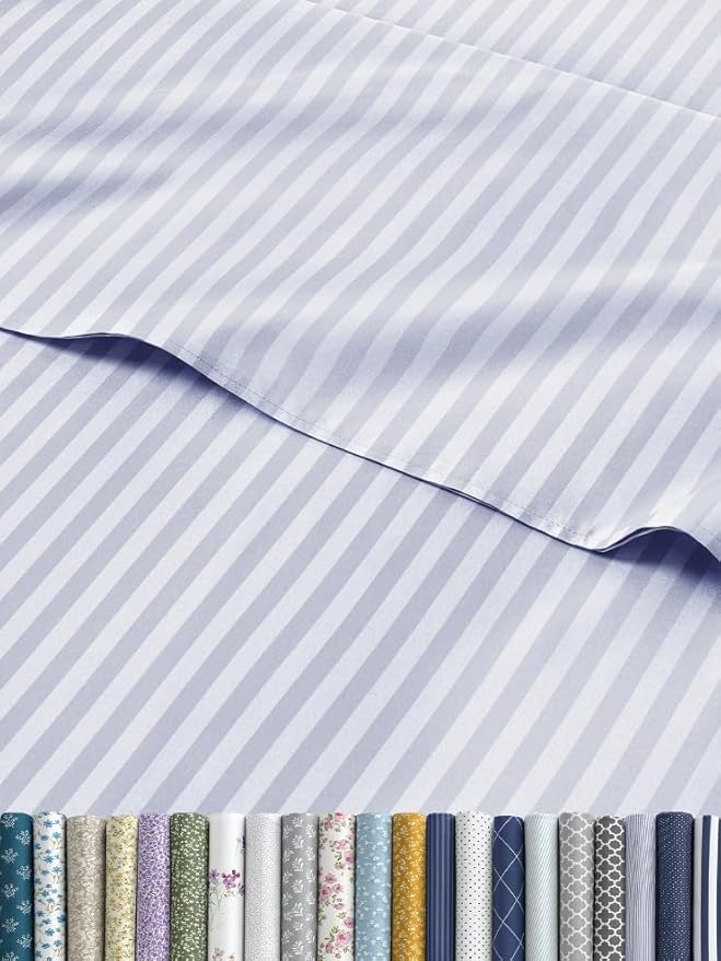 Sky Blue and White Striped Sheets - 1 Flat & 1 Fitted Sheet & 2 Pillowcases w/ Deep Pockets - Comfy, Wrinkle & Fade Resistant - Soft, Breathable & Cooling - Pinstripe Patterned Bedding - King Size