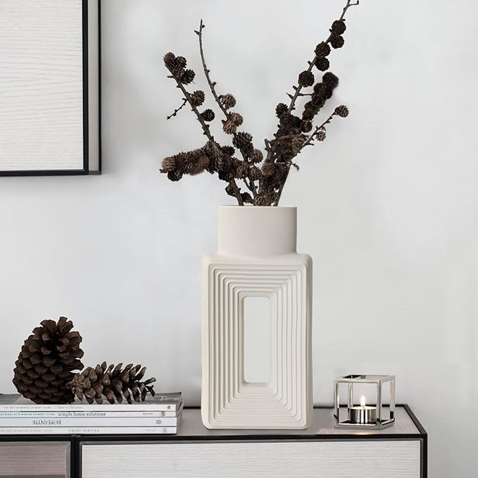 White Ceramic Vase Set of 2，Square Vase Rustic Home Decor Minimalist Nordic Boho Style for Living Room, Shelf, Table, Bookshelf, Mantel and Entryway Decor Vases