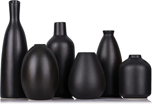 6 Pack Small Black Ceramic Bud Vases for Home Decor - Modern Boho Small Vases for Centerpieces in Bulk, Mini Flower Vases for Dry Flowers, Wedding, Table, and Party Decorations