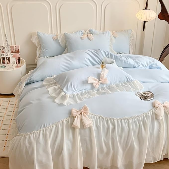 Girls Lace Bedding,Full Comforter Cover Set, Chic Ruffled Duvet Cover with Lovely Bow,Princess Style 1 Duvet Cover with 2 Pillowcases, No Comforter-Blue,Full Size