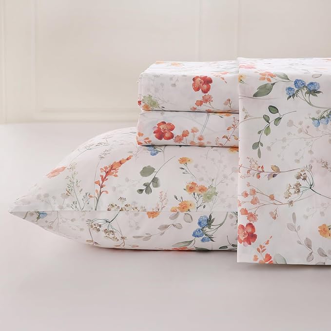 Zusbest Floral Bed Sheets Full Size Percale Cotton Orange Blue Flower Sheets Set Green Botanical Printed on White Patterned Deep Pocket Sheets, Crisp Soft Breathable for Hot Sleepers, 4 Pcs, Full
