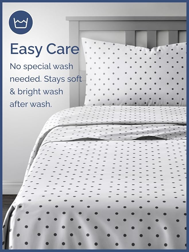 Kids Black Polka Dots Twin 3 Piece Sheet Set - Boys, Girls, Teens, Toddler - Easy Fit Deep Pockets - Breathable, Hotel Quality Sheets - Machine Washable - Wrinkle Free - Cute, Cozy, Soft - CGK Linens