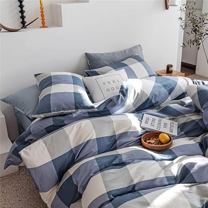 Queen Comforter Set Modern Style Checkered Pattern Comforter Boho Farmhouse Blue White Grey Geometric Plaid Comforter with 2 Pillowcases Soft Fluffy 3 Pieces Lightweight Bedding Set for All Season
