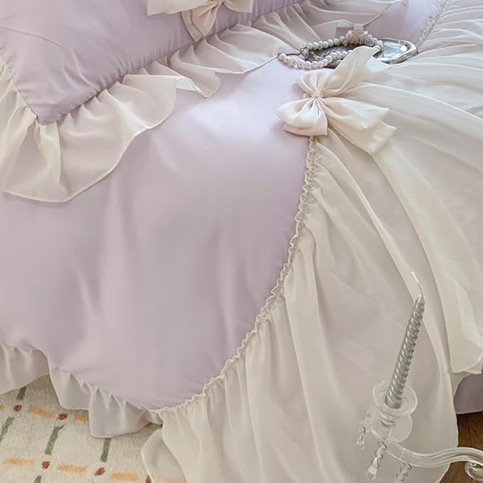 Girls Lace Bedding,Purple Queen Comforter Cover Set, Chic Ruffled Duvet Cover with Lovely Bow,Princess Style 1 Duvet Cover with 2 Pillowcases, No Comforter,Purple,Queen Size