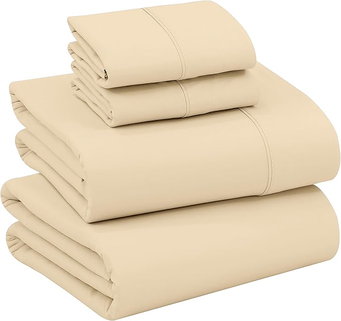 RUVANTI 100% Cotton Sheets Queen Size Set, 4 Pieces, Soft & Breathable Percale Weave Bedding, Deep Pocket 16", Hotel Standard, Crisp Cool Feeling, Durable, Perfect Dyed Bed Sheet, Beige