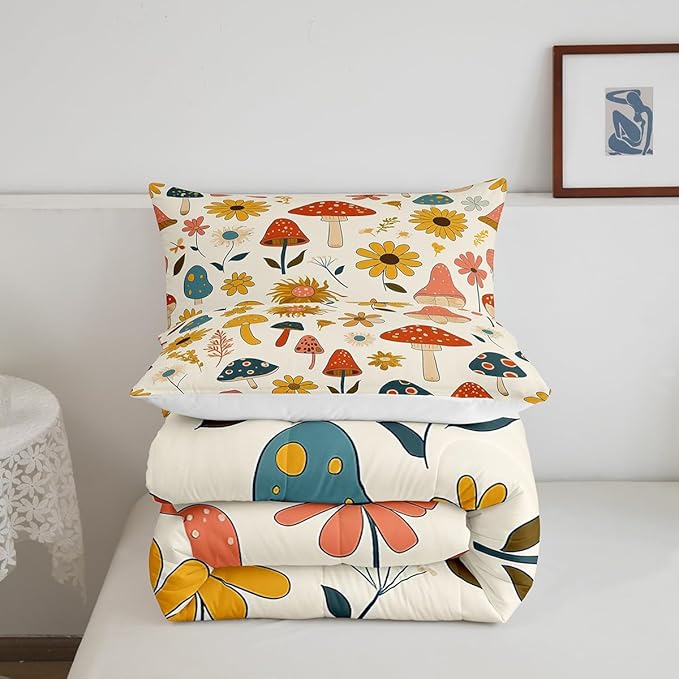Castle Fairy Retro Mushroom Flowers Comforter Set Twin Size,70s 60s Groovy Quilt Set for Kids Boys Bedroom Collection,Vintage Boho Plant Floral Polyester Bedding with 1 Pillowcase,2Pcs