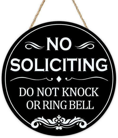 Funny No Soliciting Front Door Sign by [Brand Name] - Humorous Wooden Hanger for Home or Office Decor | Black Indoor Wall Decoration