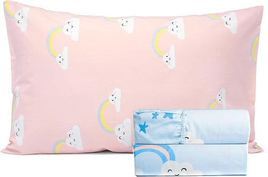 Salt Earth 100% Cotton 210TC Kids Bedsheet, Twin Sheets Set, Toddler Bed, 3 Piece Bedding Set Including Flat Sheet, Fitted Sheet & Pillowcase, Themed Cute Sheets Kids Bed (Unicorn/Rainbow Pillow)