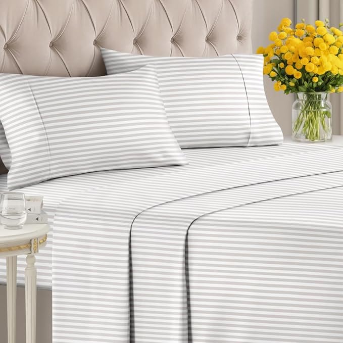 Light Grey and White Striped Sheets - 1 Flat & 1 Fitted Sheet & 2 Pillowcases w/ Deep Pockets - Wrinkle & Fade Resistant, Ultra-Soft, Breathable & Cooling - Luxury Pinstripe Bedding - Queen Size