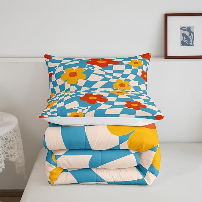 Castle Fairy Kids Vintage Groovy Daisy Flowers Bedding Set for Boys Girls,Abstract Blue Plaid All Season Cozy Comforter Set Home Decor,70s Hippie Floral Duvet Set for Chic Birthday Gift, Full Size