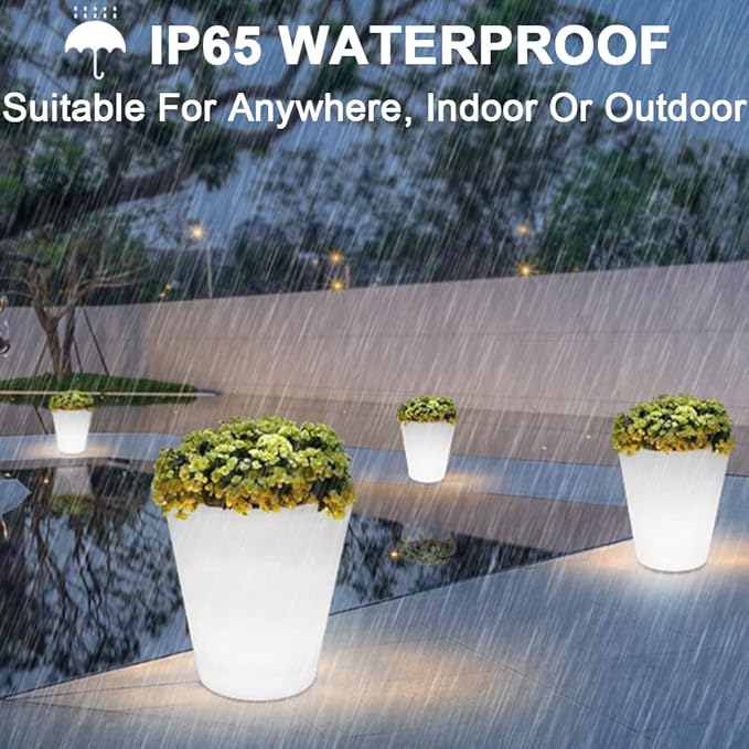 16-in Round LED Flower Pot Outdoor, Large Rechargeable LED Planter Light w/Remote, Dimmable RGB Color Changing Illuminated Planter, Modern Waterproof Light Up Plant Pot for Home Balcony Porch Yard