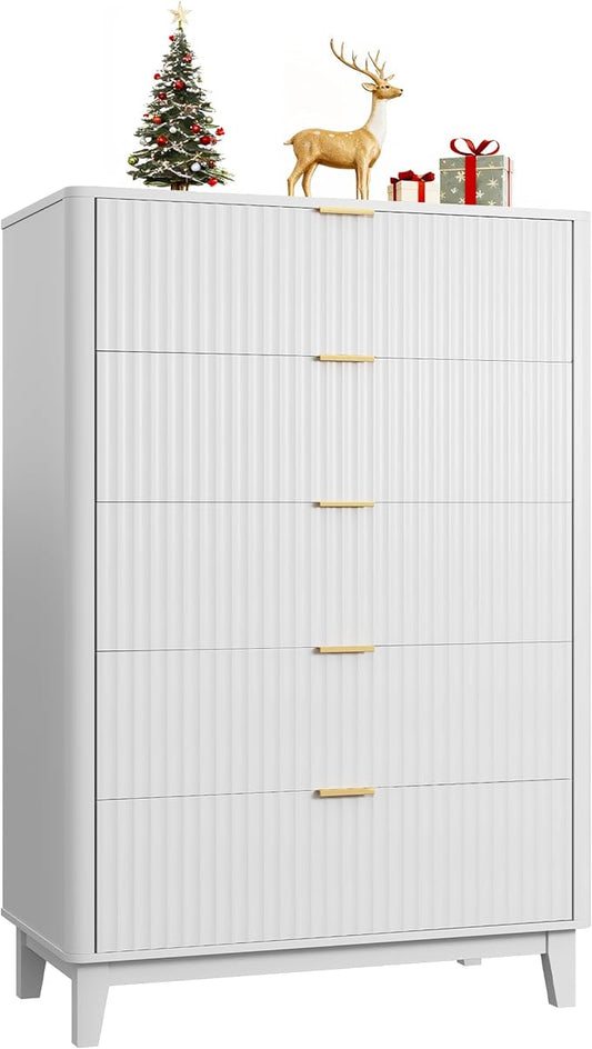 WLIVE Fluted Dresser for Bedroom with 5 Drawers, 46.26" Tall Wooden Dresser with Golden Metal Handles, Mid Century Modern Chest of Drawers for Living Room, Hallway, Closet, Solid White