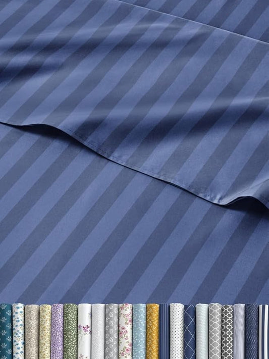 Striped Sheets - Blue Striped Sheets - 1 Flat & 1 Fitted & 2 Pillowcases w/ Deep Pockets – Comfy, Wrinkle & Fade Free - Ultra-Soft, Breathable & Cooling – Luxury Pinstripe Bedding - Full Size Bed Set