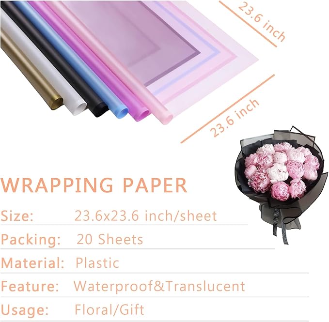 BBJ WRAPS White Wrapping Paper for Flowers, Frosted Flower Bouquet Wrapping Paper, Korean Paper for Bouquets, Valentine's Day Mother's Day Florist Supplies 20 Sheets (Gold)