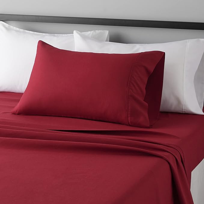 Amazon Basics Lightweight Super Soft Easy Care Wrinkle Free Microfiber 3 Piece Bed Sheet Set with 14-Inch Deep Pockets, Twin, Burgundy, Solid, Kids, Men & Women Bedding