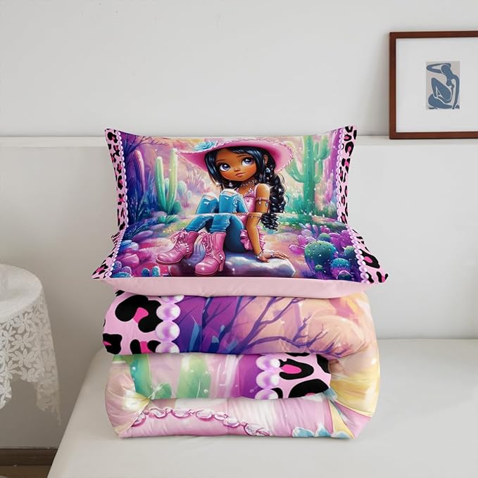 Western Cowgirl Full Size Comforter Set,Reversible Cute Girl Cactus American Style Bedding Comforters Bedroom Collection,African Pink Leopard Print Plaid Black Bedding Set for Girls Teens