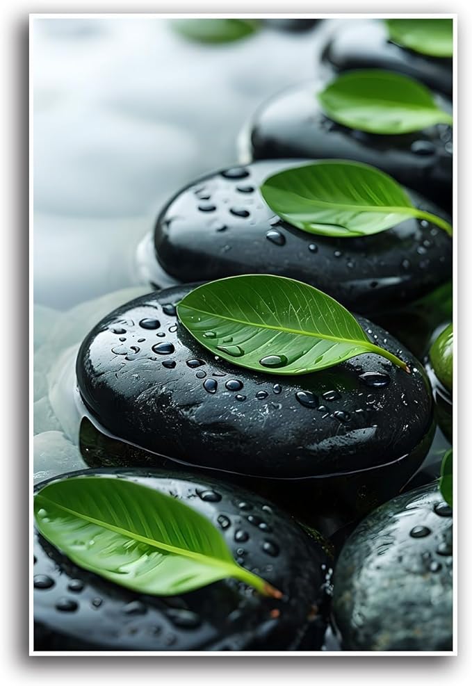 Glittering black stone cluster with fresh green leaves and water drops poster tranquil mist rain wall art zen wall art suitable for modern minimalist home decor 28x40in Frameless
