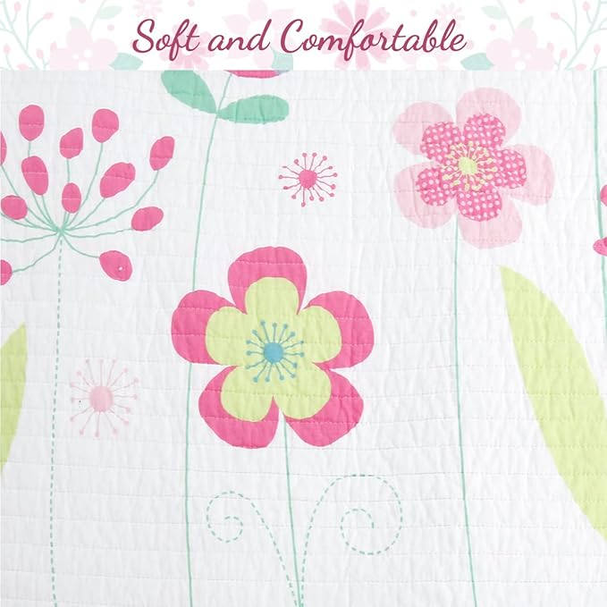 Cozy Line Home Fashions Pink Lavender Green Floral Print Girl 100% Cotton Reversible Quilt Bedding Set, Coverlet, Bedspread (Blossom, Twin - 4 Piece)