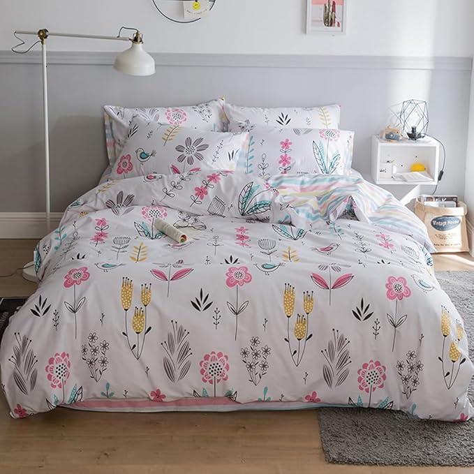 HighBuy Floral Printed Bedding Sets Full Duvet Cover Girls Cotton Comforter Cover Full Size Garden Aesthetic Reversible Striped Bedding Sets 3 Piece Bed Boho Comforter Cover Duvet Cover Set