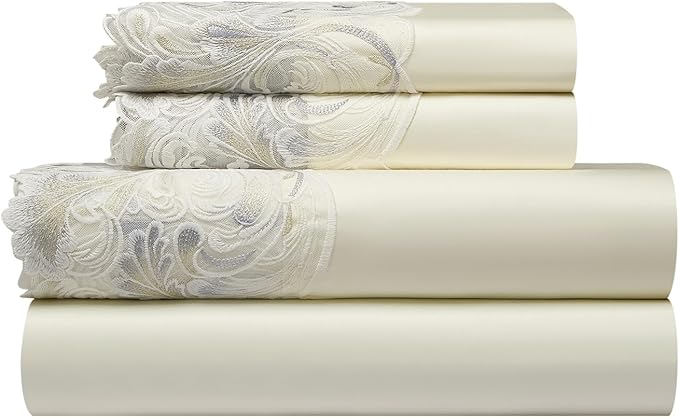 mixinni Luxury Satin Duvet Cover Set with Embroidery Lace, Silky Soft Bedding Set (1 Duvet Cover + 2 Pillowcases), Cream White - Elegant Bedroom Comforter Cover, Vintage Royal Style-King Size