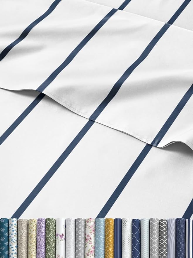 Striped Sheets - Navy Blue & White Striped Sheets - 1 Flat & 1 Fitted & 2 Pillowcases w/ Deep Pockets – Wrinkle & Fade Free - Soft, Breathable & Cooling – Luxury Pinstripe Bedding - King Size Bed Set