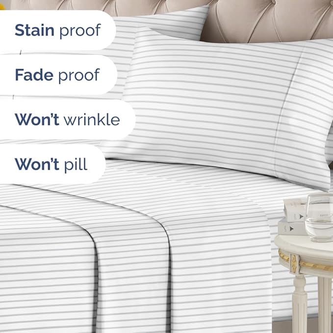 Light Grey and White Striped Sheets - 1 Flat & 1 Fitted Sheet & 2 Pillowcases w/ Deep Pockets - Wrinkle & Fade Resistant, Ultra-Soft, Breathable & Cooling - Luxury Pinstripe Bedding - Queen Size