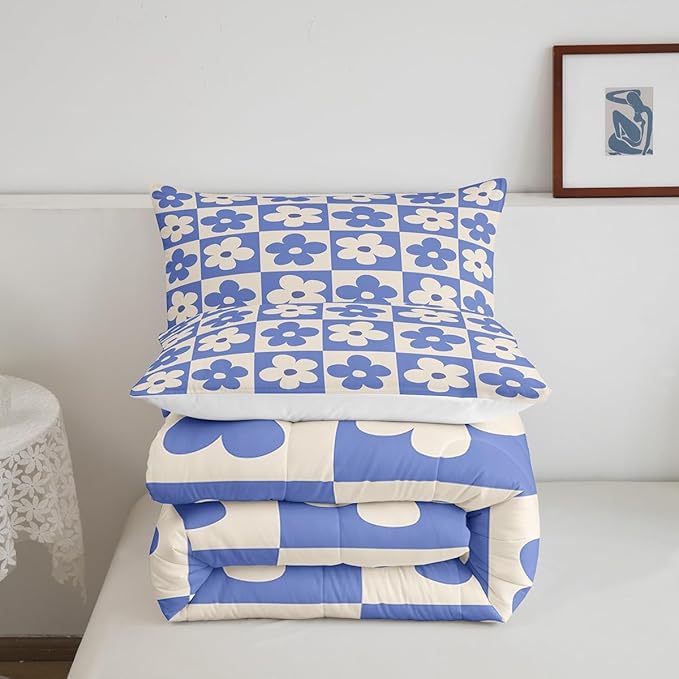 Castle Fairy Kids Cute Flowers Plaid Twin Size Comforter Set,Blue and Cream Floral Checked Duvet Set for Kids Boys Bedroom,Fashion Geometric Style Soft Microfiber Bedding Comforters,2 Pcs
