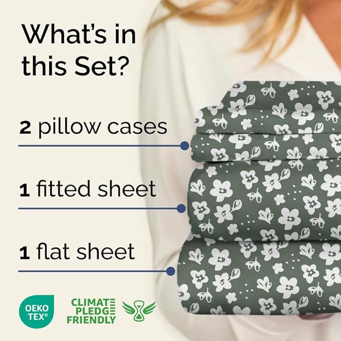 Floral Sheets - Green Floral Bed Sheet Set - 1 Flat, 1 Fitted & 2 Pillowcases w/ Deep Pockets - Comfy, Wrinkle & Fade Free - Boho Botanical Bedding - Ultra-Soft, Breathable & Cooling - Full Size Set