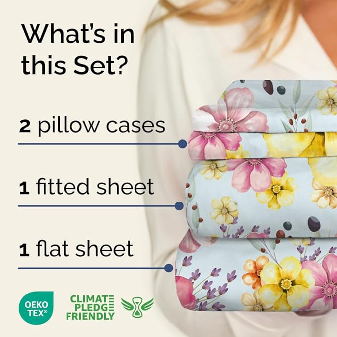 Floral Sheets - Watercolor Floral Bed Sheet Set - 1 Flat, 1 Fitted & 2 Pillowcases w/ Deep Pockets - Wrinkle & Fade Free - Boho Botanical Bedding - Ultra-Soft, Breathable and Cooling - Queen Size