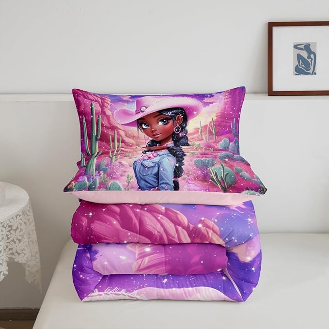 Western Cowgirl Comforter Set King Size,Reversible African Style Cute Girl Print Black Bedding Set All Season Quilt Set,Dreamy Stars Purple Galaxy Sparkling Microfiber Polyester Down Comforter