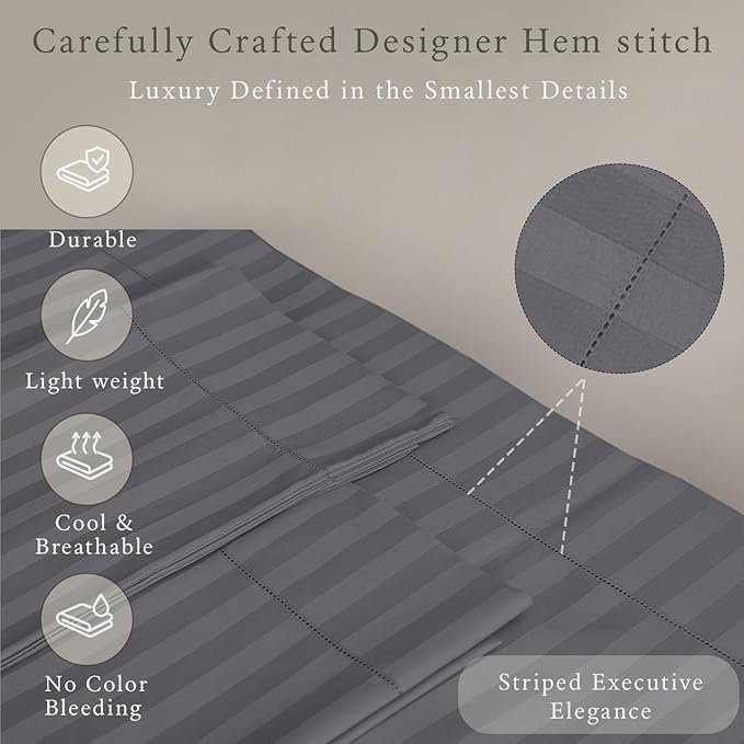 Threadmill 500 Thread Count Twin-XL Size Damask Stripe, 3 Pc Luxury Cotton Bed Sheet Set, Breathable Dark Grey Sheets with 15" Elasticized Deep Pocket, 1 Pillowcase & Free Tote Bag