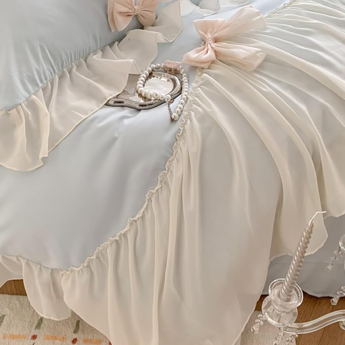 Ruffled Bedding Bow Duvet Cover Set with Butterfly Tie, Princess Style 1 Duvet Cover with 2 Pillowcases,Zipper Closure, No Comforter-Blue,Queen Size