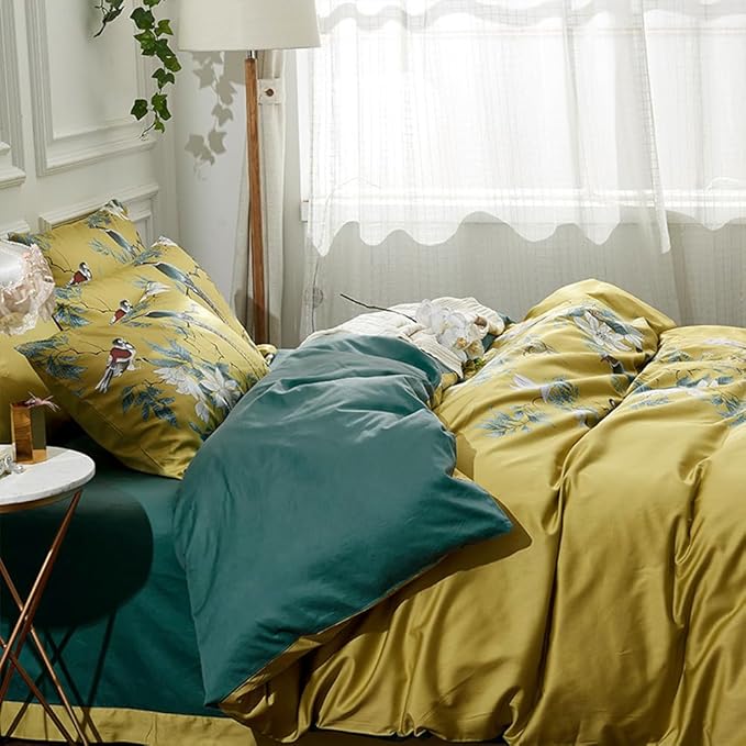 mixinni Floral Duvet Cover Set Full Soft Cotton White Flowers Birds Bedding with Zipper Closure 2 Pillowcases Leaf Printed Yellow Comforter Cover Set-Easy Care, Soft and Durable-Full Size