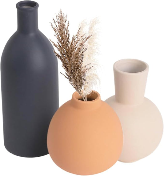 Ceramic Vase Set of 3, Rustic Modern Brown Vases for Bouquet, Fresh or Dried Plants, Home Decor-Modern Decorative Ceramic Flowers Vase for Rustic Home Decor (White-Dark)