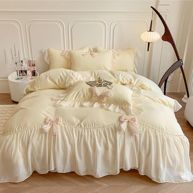 Lace Ruffled Bedding Bow Duvet Cover Set with Butterfly Tie, Soft Brushed Microfiber Shabby Chic Bedding Set with Zipper Closure-Yellow,Queen Size